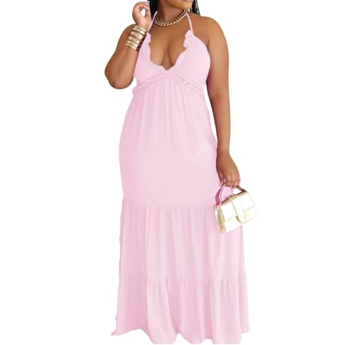 Image of TOPSRANI Womens Sleeveless Maxi Dress Halter Casual Backless Smocked Tiered Ruffle Flowy Sexy Slip Sling Strap Dresses