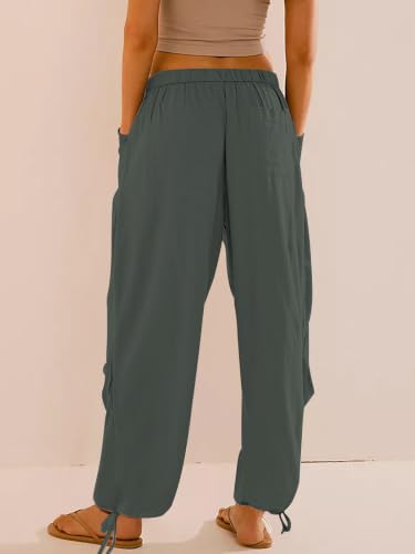 Image of Women's Linen Balloon Barrel Beach Pants Boho Harem Flowy Drawstring Casual Loose Pants with Pockets