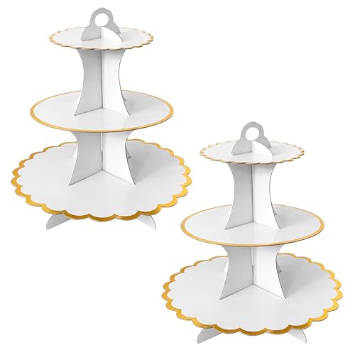 PYGHAP 2 Pack Cake Stand Cardboard Cupcake Stand 3 Tier Dessert Holder Round Tower Cardboard Cake Stands for Christmas Birthday Wedding Easter Party Supplies (White)