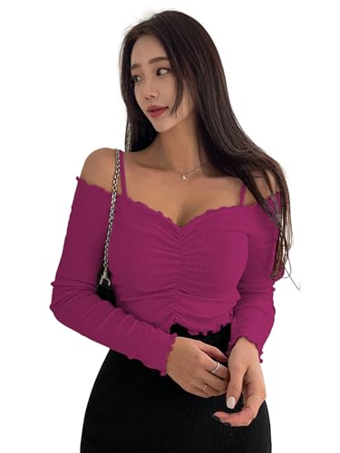 Image of Sugathari Women's Purple Solid Colour Open Cold Off Shoulder Long Sleeve Lettuce Hem Casual Autumn Trim Tight- Slim Fitting Ruched Front Ladies' Camisole Top, Tee, T-Shirt (T-Shirt 184)