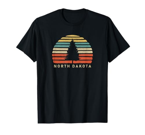 Retro Sunset North Dakota T-Shirt Pine Tree T-Shirt