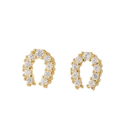 Image of Cute CZ Horseshoe U Shaped Small Stud Earrings for Women Girls Teen Pave CZ Huggie Lucky Horseshoe Stud Earrings Minimalist 925 Sterling Silver Sleeper Crystal Piercing Jewelry for Lover (Gold)