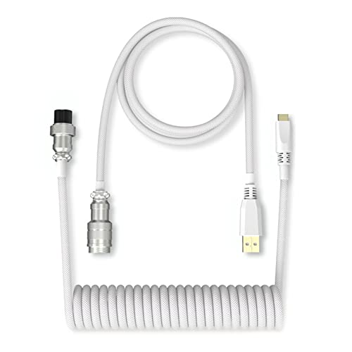 DENSIYA Câble spiralé de type C de 1,8 m pour clavier mécanique - Câble USB - Prise aviateur revêtue - Câble en nylon tressé résistant (blanc)