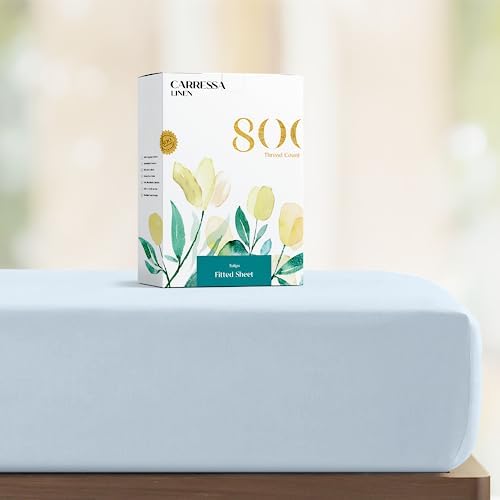 Carressa Linen 100% Egyptian Cotton 800 Thread Count, Light Blue King Fitted Sheet with Elastic All Around, Soft & Silky Sateen Weave - Fits Mattress Upto 18 inches