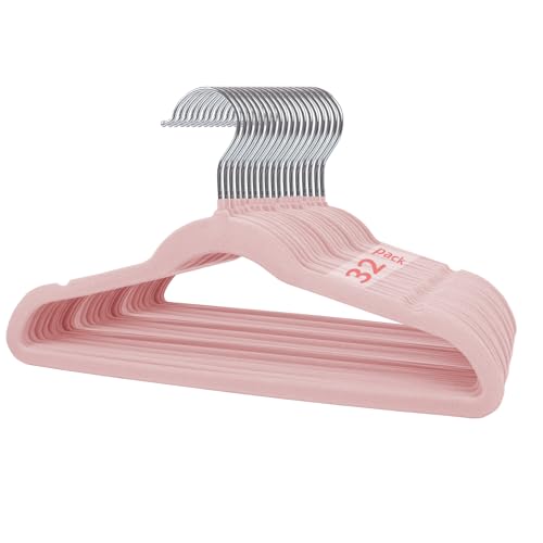 Image of Kids Velvet Hangers, 32 Pack, 14 Inch Premium Non-Slip Felt Hangers for Closet, Ultra-Thin Space Saving, Non-Slip for Infants & Toddler, 360 Degree Swivel Hooks - Pink