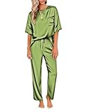 Ekouaer Women Satin Sleepwear 2 Piece Pajamas Silk Silk Pajama Shirt and Loose Long Pajama Pant Set Ladies Nightwear Summer Sleep Set Army Green XL