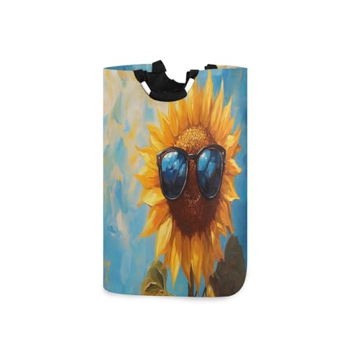 Jihqo Laundry Hamper Basket Funny Sunflower in Sunglasses Collapsible Nursery Storage Bin Waterproof Clothing Baskets for Home Bedroom Bathroom Washing Room