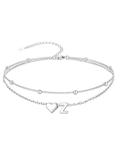 Image of SILVERCUTE Silver Anklets for Women, Waterproof Initial Heart Ankle Bracelets Sterling Silver, Adjustable Layered Foot Jewelry Summer Beach Fashion with Personalized Name Design, Gift Package