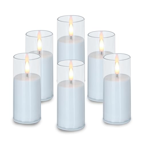 Image of CANDLE CHOICE Indoor Outdoor Flameless Candles with Timer Waterproof Realistic Flickering Battery Operated Pillar LED Lights with Acrylic Shell Wedding Party Christmas Decorations 6 Pack 2 inchx5 inch Clear
