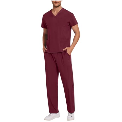 Uniforme Sanitario Hombre Ofertas,Conjunto de Uniformes médicos para hombre cuello v Trabajo Médico manga corta y pantalón largo con bolsillos Uniformes de enfermería Color Sólido ropa Trabajo