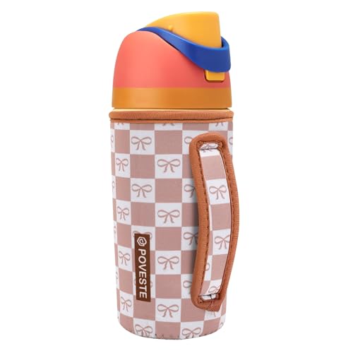 Image of Water Bottle Sleeve with Handle for Owala Kids FreeSip 16oz, Water Bottle Scratch Resistant Sleeve, Neoprene Cover Compatible with Owala 16 oz for Boys Girls School Travel (Mocha Checkerboard&Bow)