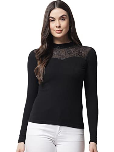 Image of POPWINGS Ribbed Black Full Sleeve Neck Design Top