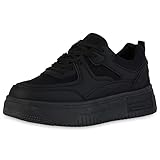  VAN HILL Damen Plateau Sneaker Keilabsatz Schuhe Freizeit Schnürer Profilsohle Keilsneaker Schnürschuhe Wedges Plateauschuhe 211729 Schwarz 37