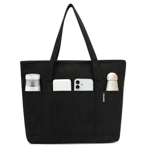 Image of Large Canvas Tote Bag for Women, Beach Bag with Zipper, Utility Tote Bag with 3 Front Pockets, Weekender Pool Bag