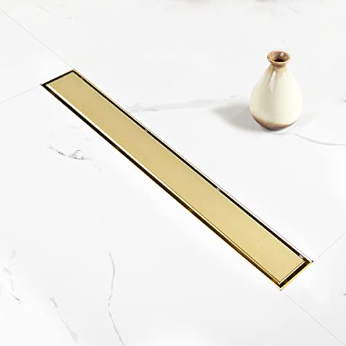 Elefloom Linear Shower Drain, 60 inch Gold Drain with Tile Insert 2-in-1 Panel, Brushed 304 Stainless Steel Gold Shower Floor Drain, Linear Drain with Hair Strainer and Adjustable Feet