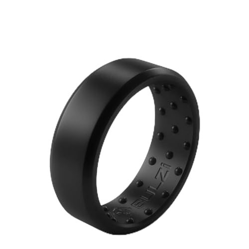 BULZi Wedding Bands, Massaging Comfort Fit Premium Silicone Ring with Airflow, Beveled Edge Design, Men’s and Women’s Rings, Breathable Flexible Work Safety (Black Beveled Size 10)