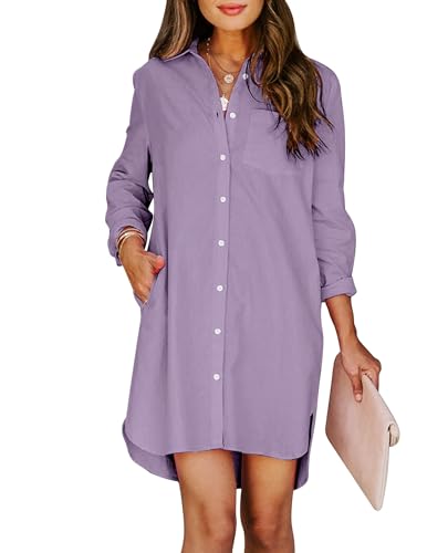 Image of Aoudery Womens Button Down Shirt Dresses with Pockets Cotton Button Up Tunics Long Sleeve Solid High Low Blouse Tops