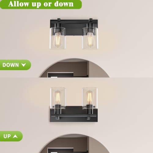 Image of Bathroom Light Fixtures Over Mirror, 2-Light Modern Matte Black Bathroom Vanity Light, Wall Lights with Clear Glass Shade, Living Room, Bedroom, Hallway, E26 Base