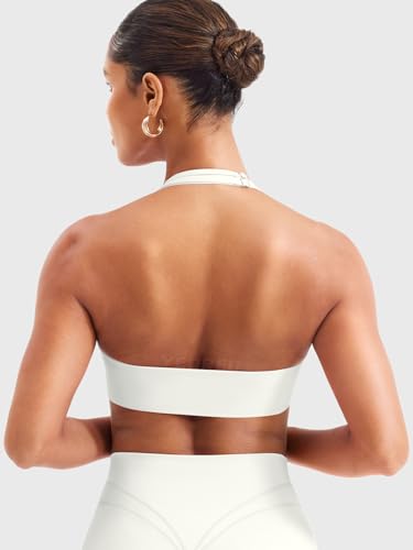 Image of YEOREO Women Halter Sports Bra Light Support V Neck Padded Strappy Open Back Workout Gym Tops