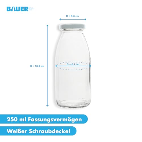 Foto von Flaschenbauer - 24 Leere Glasflaschen 250 ml mit Schraubverschluss TO43, 0,25 l in Weiß – Zum Selbstbefüllen von Milchflaschen, Saftflaschen, Smoothie-Flaschen, inklusive Etiketten