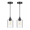 2 Pack Modern Black Pendant Lighting, Clear Glass Shade Pendant Lights Kitchen Island, Hanging Ceiling Light Fixture, Farmhouse Pendant Lighting for Dining Room Bedroom Bar Office