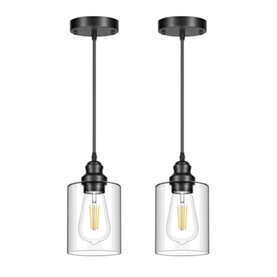 2 Pack Modern Black Pendant Lighting, Clear Glass Shade Pendant Lights Kitchen Island, Hanging Ceiling Light Fixture, Farmhouse Pendant Lighting for Dining Room Bedroom Bar Office
