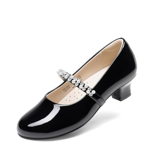 DREAM PAIRS Chaussures habillées à talons bas pour petite fille, chaussures Mary Jane avec perles et strass, escarpins pour fille, princesse, fête de mariage, Black-Pat, 11 Little Kid