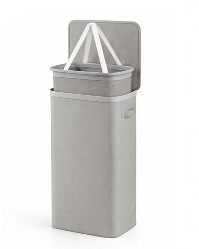Keplin Collapsible Slim Laundry Basket with Lid & Removable Liner 55L Space-Saving Clothes Sorter Fabric Laundry Hamper with Handles Easy Assembly Stylish Storage for Home 39x22x67cm Grey