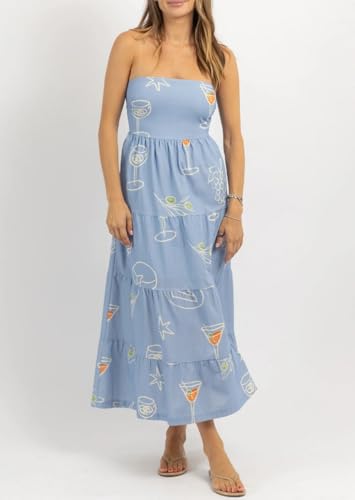 Image of Women Floral Print Maxi Tube Dress Strapless Flowy Long Bandeau Dress Y2K Open Back Sundress Summer Beachwear