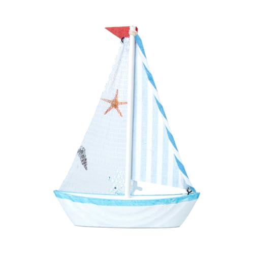 Image of Wooden Decorative Sailboat Nautical Model Showpiece - 15x4x22 cm | Miniature Sailing Boat Showpiece for Home Decor, Cafe, Office & Table Desk Decoration | Light Blue Border-Strip Cloth