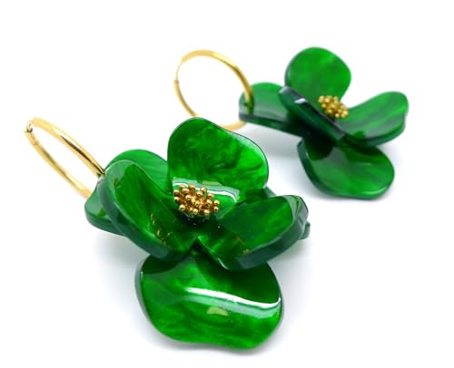 Boucles d'oreilles Fleur nacrée Vert émeraude légères et sans douleur - 3