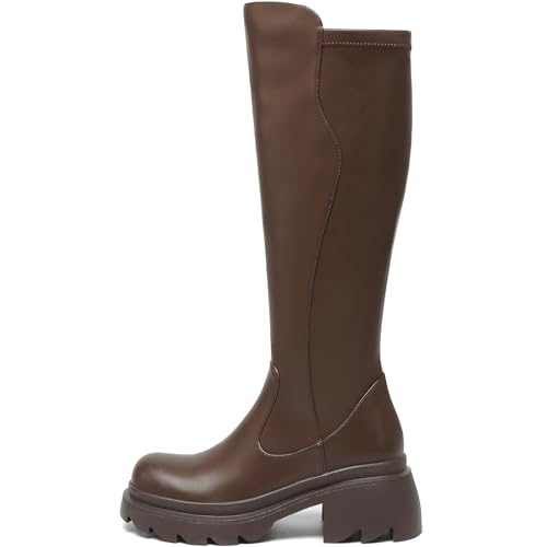 AIUNIID Women's Knee High Boots Low Heel Platform Lug Sole Boots Round Toe Side Zippe Tall boots Comfortable Stretch Calf Dress Long Boots2