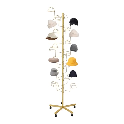 WBGANG Hat Display Rack,Metal Hats Display Stand With 5 Universal Wheels(With Brakes), Freestanding Hat Storage Stand For Homes, Stores,Gift Storesto,Etc.Holds Up To 25 Caps Vertically (Golden)