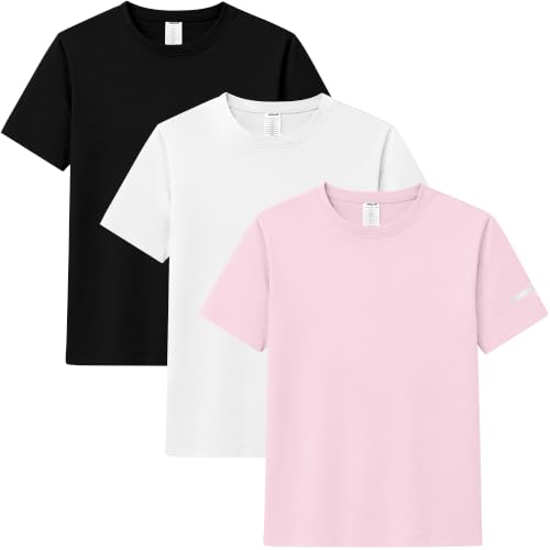 Image of 3 Pack Kids' Athletic T-Shirts, Cotton Blend Moisture-Wicking Sports Tees Black/White/Pink-3P02-XL