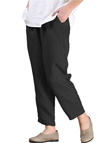 Tebreux Women's Linen Cropped Pants Drawstring Capris Tapered Trousers with Pockets Black L