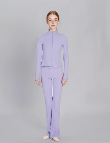 Girls Stand Collar Zipper Elastic Slim Coat, High Waist Flare Pants, Kids Athletic Yoga Dance Gym Set2