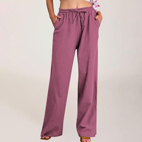 hlysgo Linen Pants Women High Waisted Drawstring Palazzo Pants 2025 Summer Flowy Cotton Linen Beach Trousers with Pockets2