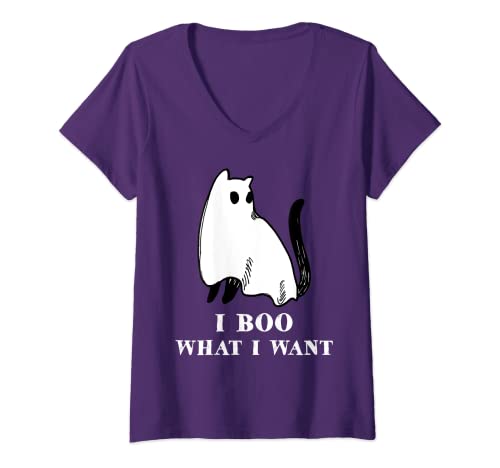Womens I Boo What I Want Funny Cat Halloween Ghost V-Neck T-Shirt