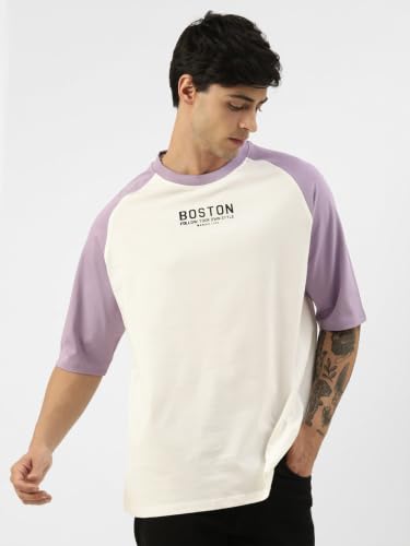 Image of Maniac Men's Printed Raglan Round Neck Half Sleeve Oversized T-Shirt | Raglan sleeve, oversized cut