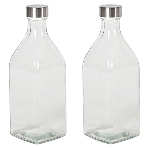 Tradineur - Pack de 2 botellas de vidrio cuadradas con tapón de acero, cierre de rosca, agua, leche, batidos, zumos, licuados de verduras, salsas, frigorífico - 1 litro