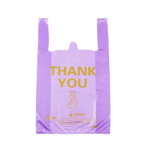 ysmile Plastic Grocery Bag Thank You T Shirt Bag Plastic Shopping Bag for Small Business Food To Go Bag with Handle 12x19 Inch 150 pcs - Purple