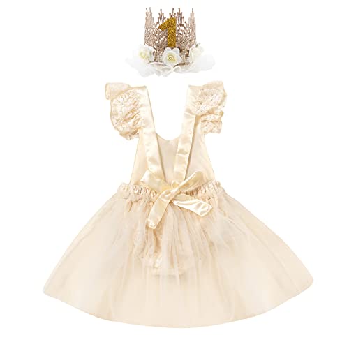 AWIBMK Baby Girls 1st Birthday Outfit Lace Romper Princess Tutu Dress Headband Cake Smash Clothes for Photo Shoot 2Pcs Sets2
