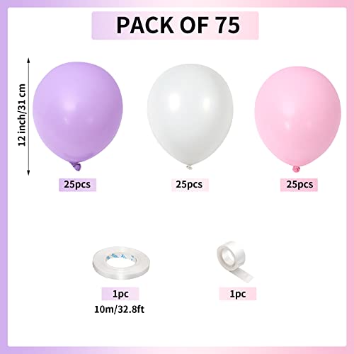 Image of Pink and Purple Balloons, 75 Pack Pastel Purple Pink and Matte White Latex Balloons, Pink Purple Macaron Helium Balloons for Girls Birthday Wedding Baby Shower Christening Engagement Party Decorations
