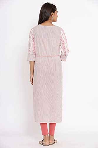 Image of JAPER KURTI Woman's Cotton Geometric Print White Color 3 /4th Sleeve Round Neck Straight Kurta