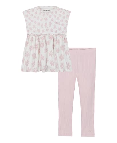 Calvin Klein Girl's 2-Piece Set, Shirt with Leggings, Egret/Sepia Rose, 8-10