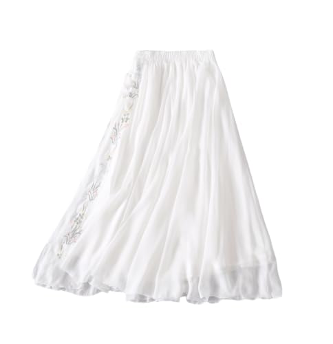 Women Chinese Style Embroidered Chiffon Skirt A-line Elastic High Waist Hanfu Half Length Dress Stylish Elegant Dress