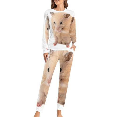 Pyjama femme hamster mignon ensemble t-shirt manches longues et pantalon de nuit sans irritation