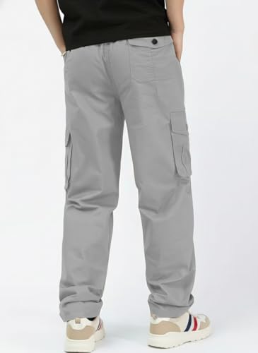 Image of Men's Cotton Cargo Pant | 5 Pocket Style Drawstring Elastic Waist Relaxed Fit Straight Leg, Breathable Durable Work Hiking Casual Trousers in Grey Silver Beige Black Sizes 30 to 42