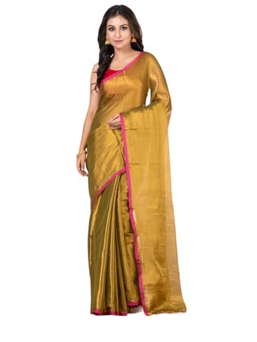 Image of Women's Tissue Cotton Saree | Plain Lightweight Tassel Pallu Saree with Blouse