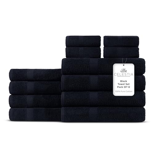 Image of Villa Celestia 12-Piece 100% Cotton Towel Set, 4 Bath Towels, 4 Hand Towels, 4 Wash Cloth, Quick-Dry, Black